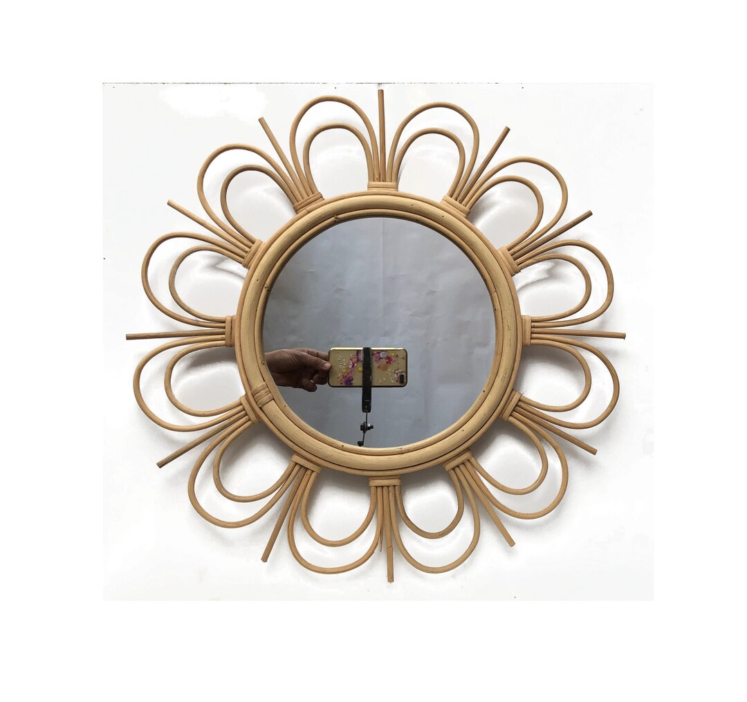Round Wall Mirror Wall Decor Mirror Unique Rattan Wrapped Home Round Mirror Woven Bamboo ...