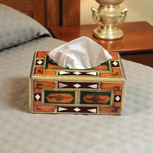 Handmade Moroccan Tissue Box Cover – Copper, Resin & Wood Inlay, Artisan Decorative Box, Unique Rustic