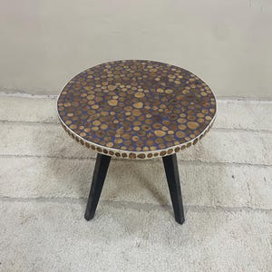 Handcrafted Round Side Table: Walnut Inlays, Resin Edge - Mid-Century Modern