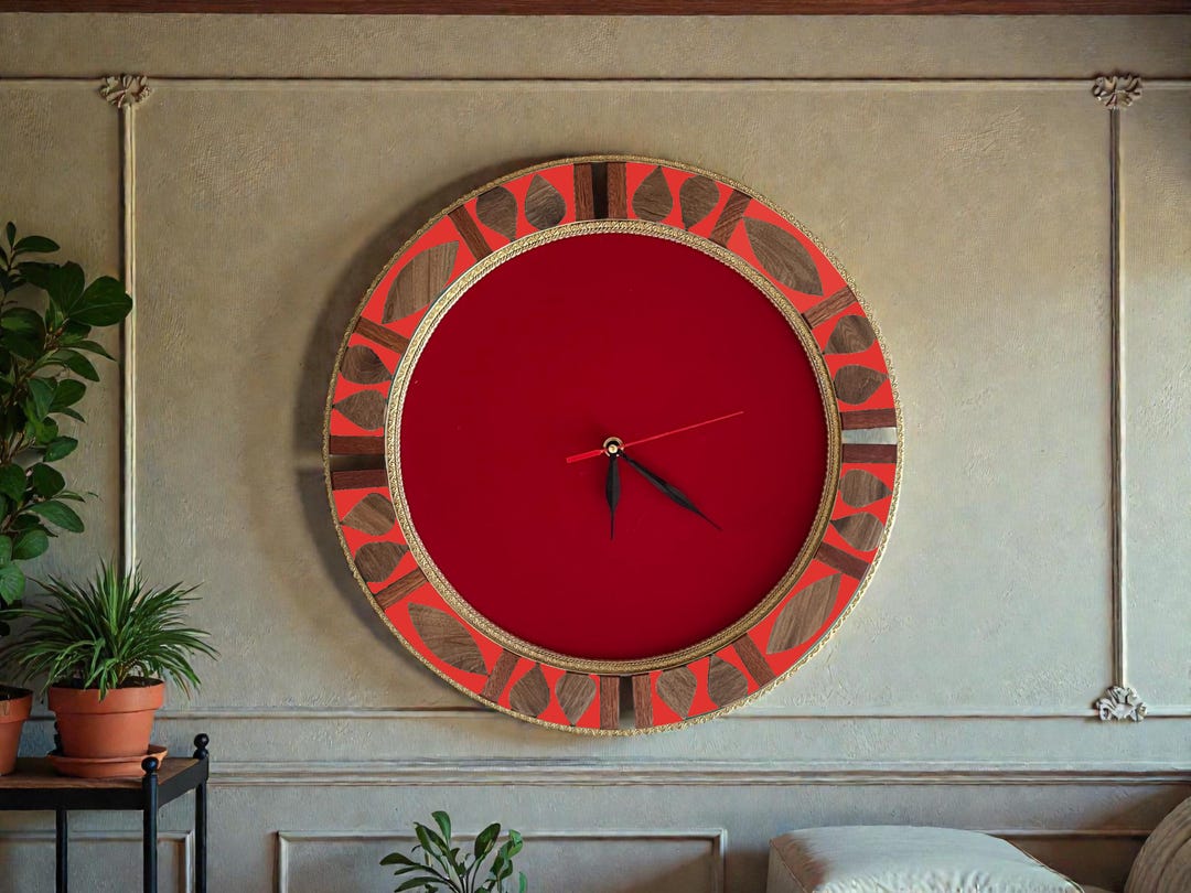 Red Antique Round Wooden Wall Clock – Handcrafted Vintage Timepiece ...