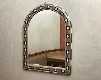 Arched Walnut Wood Wall Mirror with wood & Copper Inlays makeup solution for small space