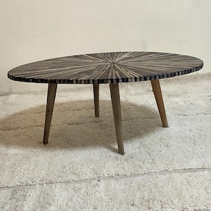Elegant Handcrafted Round Side Table Walnut Inlays Resin Finish Edge Mid Century Modern Small CoffeeTable for Cozy Spacesout door side table