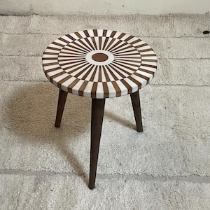 Handcrafted Mid-Century Modern Round Side Table – Walnut Inlays & Resin Edge Finish, Stylish Small Coffee Table for Any Room gift for him.