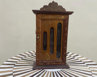 Handcrafted Wooden Key Holder Cabinet: Rustic Carved Heart Design