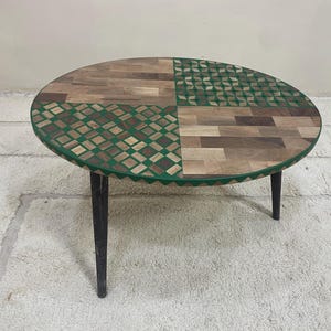 Handcrafted Round Side Table: Walnut Inlays, Resin Finish, Mid-Century Modern
