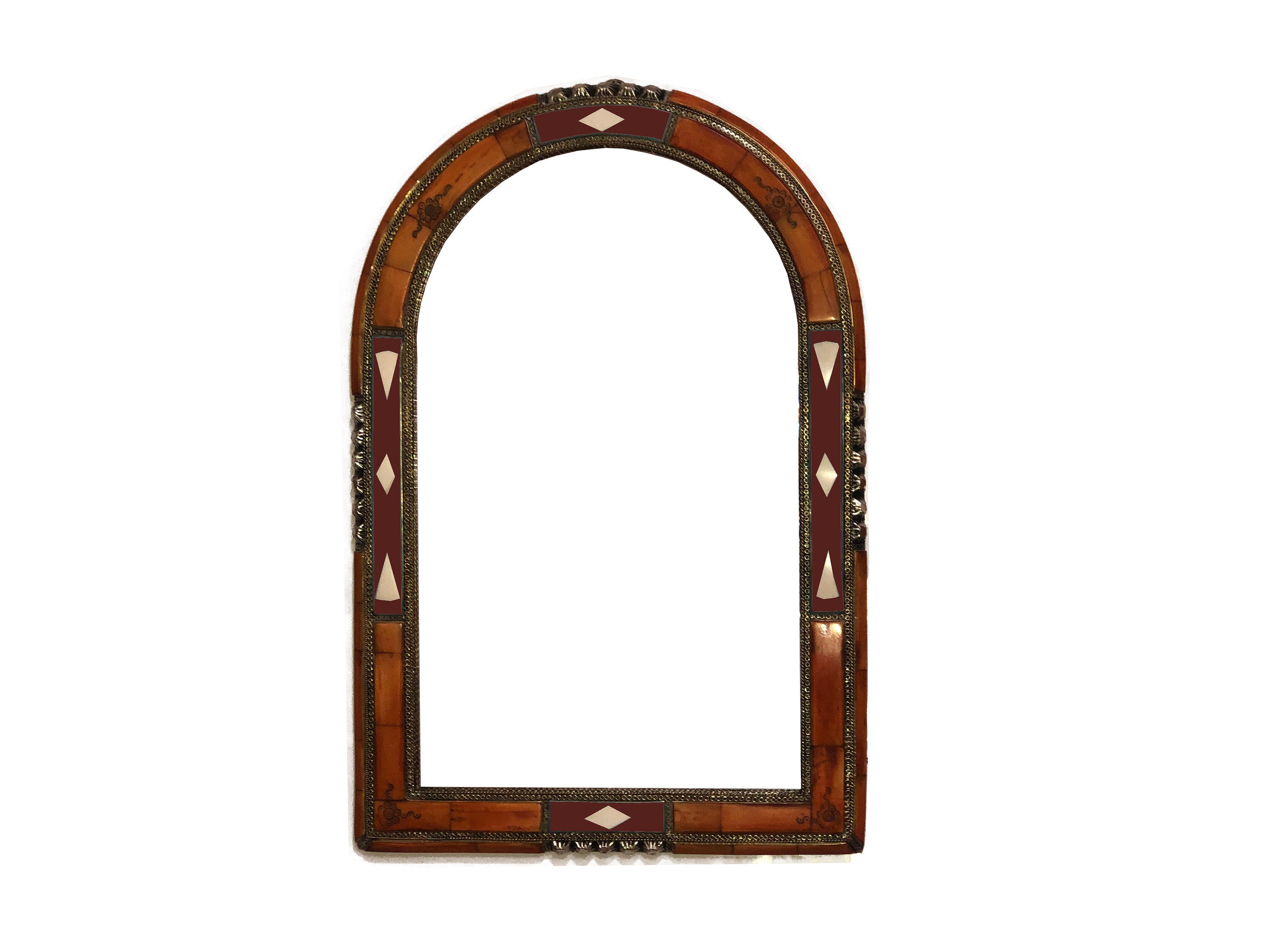 Brown Arch Mirror With Rectangular Shape and Wall Hanging Glass Mirror