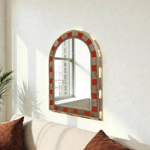 Arched Walnut Wall Mirror with Copper & Resin Inlay – Luxury Handmade Moroccan Statement Wall Decor