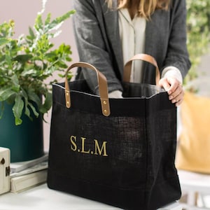 Personalised Black And Leather Jute Shopper