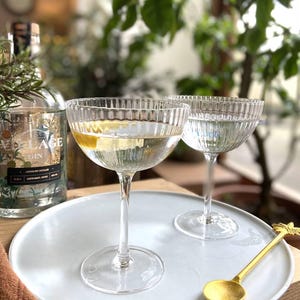 Könnte beinhalten: Zwei klare, gerippte Cocktailgläser mit einer Zitronenscheibe, gefüllt mit einer klaren Flüssigkeit, stehen auf einem weißen Teller. Eine Gin-Flasche und ein goldener Löffel befinden sich ebenfalls auf dem Teller. Der Hintergrund ist mit Grün verschwommen.