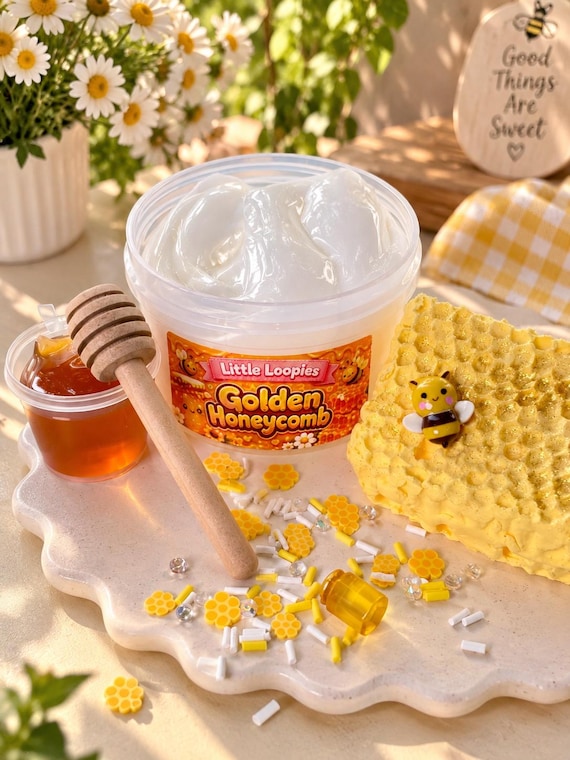 Golden Honeycomb DIY Slime Kit | Thick & Glossy Honey Slime with Clay Honeycomb Topper| Scented Slime