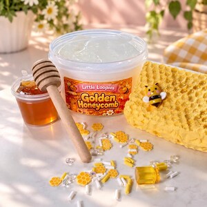 Golden Honeycomb DIY Slime Kit | Thick & Glossy Honey Slime with Clay Honeycomb Topper| Scented Slime image 2