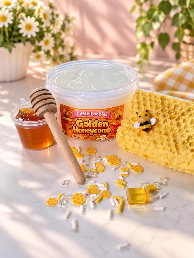 Golden Honeycomb DIY Slime Kit | Thick & Glossy Honey Slime with Clay Honeycomb Topper| Scented Slime image 2