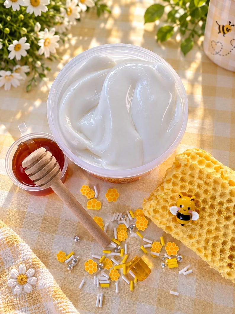Golden Honeycomb DIY Slime Kit | Thick & Glossy Honey Slime with Clay Honeycomb Topper| Scented Slime image 3