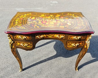 Marquetry Writing Desk: French Napoleon III Style Table with Drawers