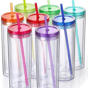 May include: Set of eight clear plastic tumblers with lids and straws. The tumblers are all the same size and shape, and they come in a variety of colors, including red, orange, yellow, green, blue, purple, and pink.