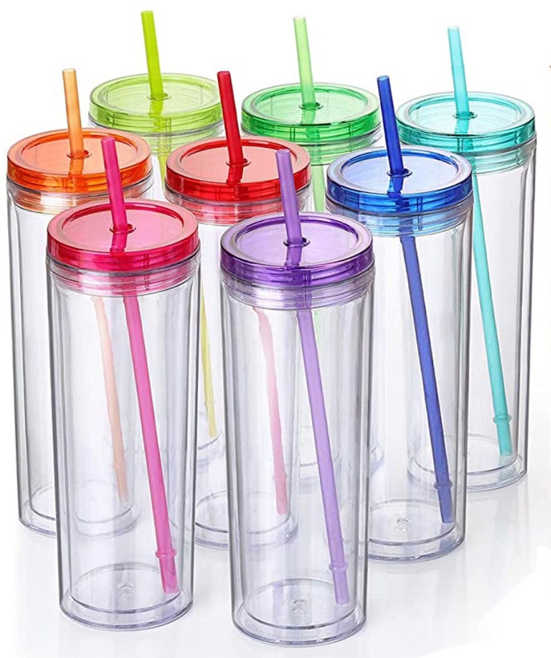 May include: Set of eight clear plastic tumblers with lids and straws. The tumblers are all the same size and shape, and they come in a variety of colors, including red, orange, yellow, green, blue, purple, and pink.