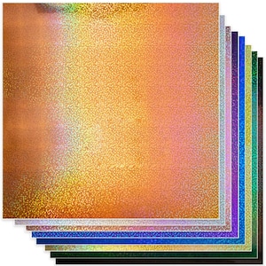 May include: A stack of 10 sheets of iridescent holographic paper in various colors, including gold, silver, blue, green, and purple. The paper has a textured, sparkly finish.