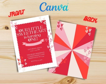 Sweetheart Valentines First Birthday Party Invitation, Canva Digital Kids Invite Template & Printable Birthday Cards