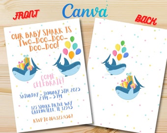 Baby Shark Two-Doo Doo Doo Toddler Birthday Party Invitation Canva Digital Kids Invite Template baby shark pinkfong Printable Birthday Cards