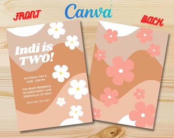 TWO Groovy Retro Daisy Neutral Birthday Party Invite, Canva Digital Kids Invitation Template & Printable Birthday Card