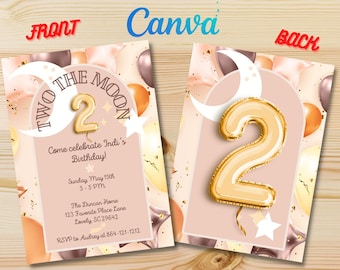 TWO the MOON Space Neutral Birthday Party Invite, Canva Digital Kids Invitation Template & Printable Birthday Card