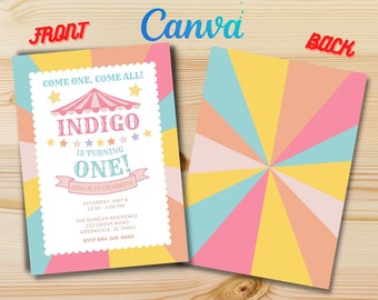 Carnival First Birthday Carnival Fair Party Invitation Canva Digital Kids Invite Template & Printable Carnival Birthday invitation for kids