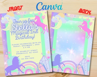Magical Unicorn Glitter Moon Birthday Party Invite, Canva Digital Kids Invitation Template & Printable Birthday Card