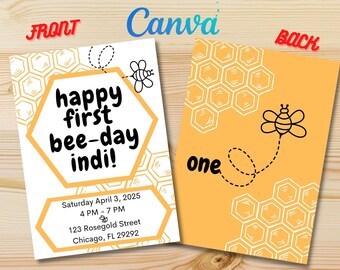 Happy Bee-day First Birthday Party Invite, bumblebees, honeycomb, simple, Canva Digital Kids Invitation Template & Printable Birthday Card