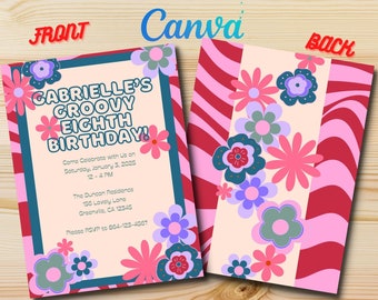 GROOVY Retro seventies Daisy Floral Birthday Party Invitation Canva Digital Kids Invite 70s theme Template & Printable hippie Bday Cards
