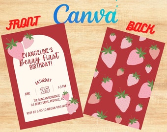 Berry First Strawberry 1st Birthday Invitation Customizable Party invitation & Editable template Invite for Canva Berry invite boho berries