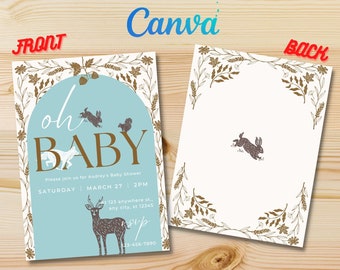 Woodland Theme Animal Peter Rabbit Woodsy Baby Shower Party Invitation, Canva Printable Invite Template & Digital Sprinkle Cards