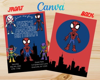 Superhero Amazing Spidey and Friends Boys Birthday Party Invite, Canva Digital Kids Invitation Template & Printable Birthday Card