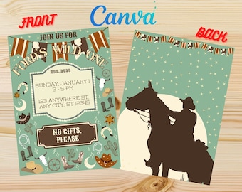 First Rodeo Cowboy Western Country Birthday Girl or Boy Party Invite Canva Digital Kids cowgirl invitation Template Printable Birthday Card