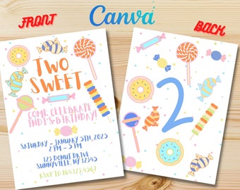 Two Sweet Sugar and Candy Themed Toddler Birthday Party Invitation, Canva Digital Kids Invite Template & Printable Birthday Cards