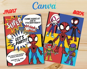 Superhero Amazing Spiderman and Friends Boys Birthday Party Invite, Canva Digital Kids Invitation Template & Printable Birthday Card
