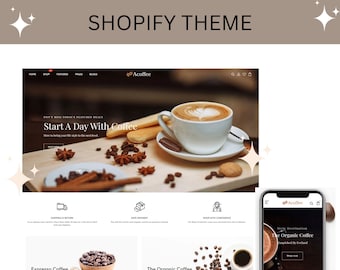 May include: A website design for a Shopify theme, featuring a coffee shop theme. The design includes a homepage with a coffee cup, coffee beans, and the text "Start a Day With Coffee." A mobile phone displays the website.