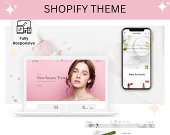 May include: A Shopify theme advertisement featuring a laptop, smartphone, and tablet displaying a website interface. The laptop screen shows a pink-themed beauty website with the text "New Beauty Trend." The smartphone displays a mobile version of the site. The Shopify logo is also visible.
