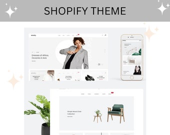 May include: A Shopify theme design showcasing website layouts on a desktop, mobile phone, and a plant in a black pot. The website displays clothing and furniture. The Shopify logo is at the bottom.