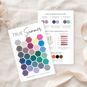May include: A True Summer color palette guide featuring a front card with a honeycomb grid of cool, muted colors and a back card with instructions on how to wear colors, best metals, makeup shades, and colors to avoid, all printed on white paper.