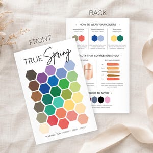 May include: Two rectangular cards labeled FRONT and BACK. The front card displays the text TRUE SPRING and a honeycomb pattern of vibrant colors. The back card features text titled HOW TO WEAR YOUR COLORS, BEAUTY THAT COMPLEMENTS YOU, and COLORS TO AVOID, including swatches of makeup shades and metal tones.