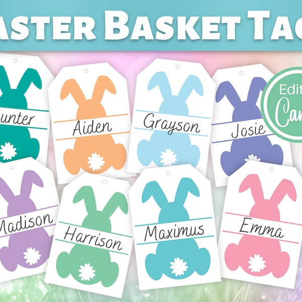 Ostern Korb Anhänger personalisiert | Bearbeitbarer Ostergeschenkanhänger | Personalisierte Geschenkanhänger | Druckbarer Osteranhänger für Kinder | Canva Ostern Template