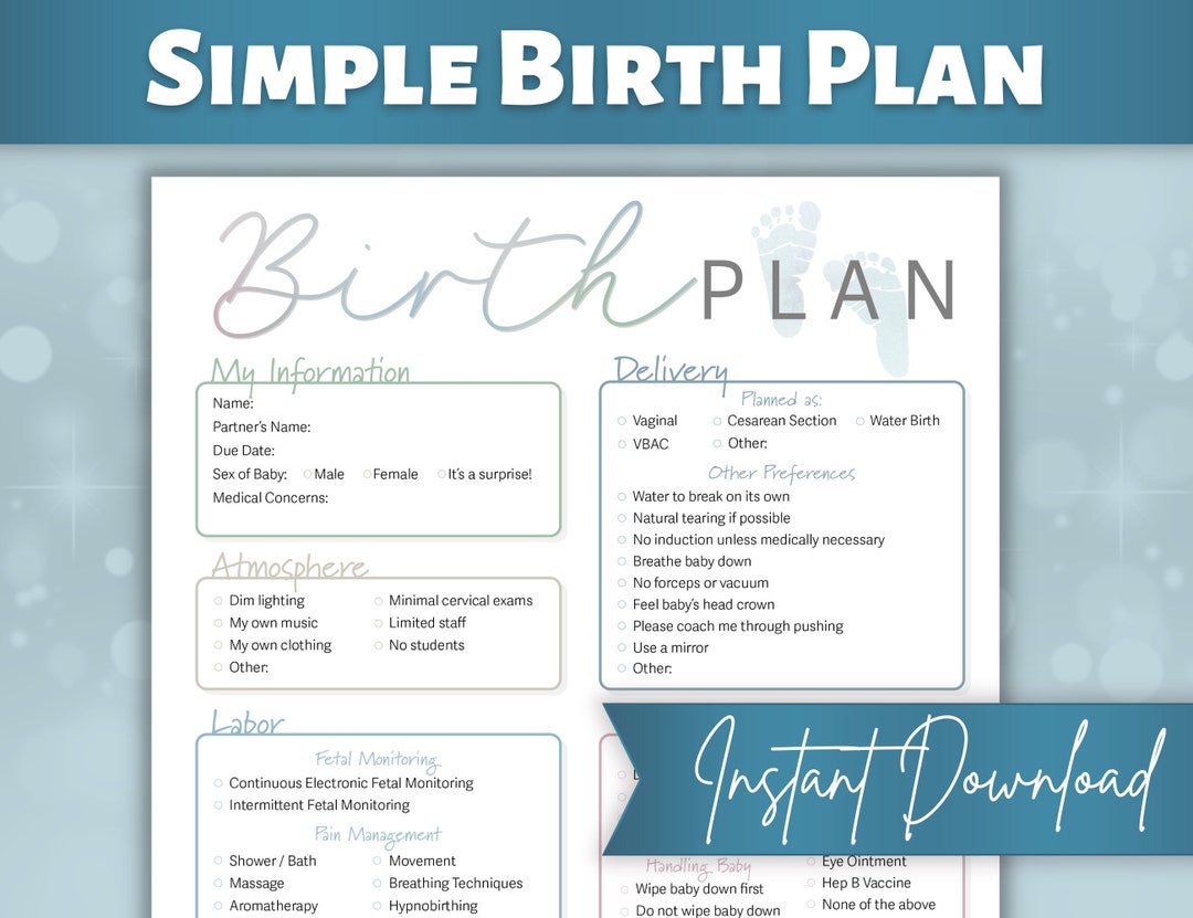 Birth Plan Printable Simple One Page Birth Plan - Etsy