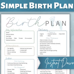 Birth Plan Printable | Simple One Page Birth Plan