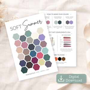 Peut inclure: Un guide de palette de couleurs Soft Summer présentant une grille en nid d'abeille de couleurs douces et froides. La carte comprend des sections intitulées How to Wear Your Colors, Beauty That Complements You et Colors to Avoid, avec des échantillons de maquillage.