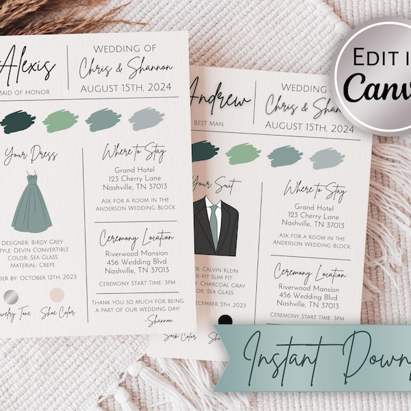 Bridesmaid Info Card | Groomsmen Info Card | Bridal Party Information Card Editable Template | Wedding Details Card for Bridal Party
