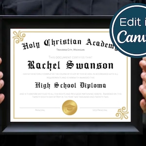 Homeschool Diploma Canva Template | DIY Custom High School Diploma | Editable Certificate Template | Printable Replacement Diploma