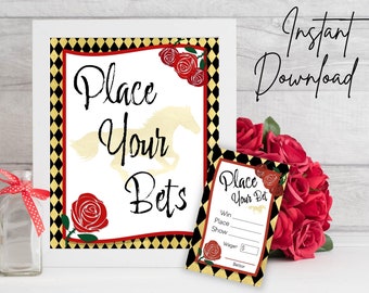 Kentucky Derby Wettkarten und Schild druckbares Dekor | Sofort Download | Run for the Roses druckbare Wettscheine | DIY Derby Party