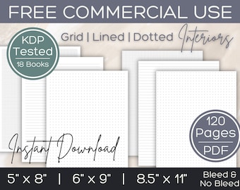 KDP Interior Bundle|  Blank Pages KDP Template for Commercial Use | Dotted, Grid, Lined 120 Page Bleed & No Bleed Interiors