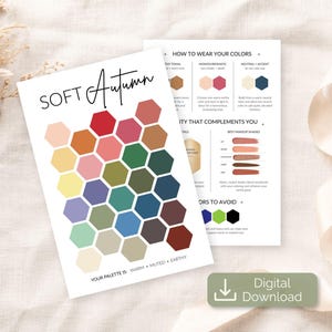May include: A color palette guide titled Soft Autumn featuring a honeycomb grid of muted, warm, and earthy colors. The document includes sections on how to wear colors, makeup shades, and colors to avoid, with text labels and color swatches throughout.