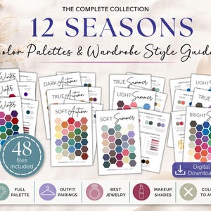 May include: A digital collection of 12 seasons color palettes and wardrobe style guides. The documents feature hexagonal color swatches for Bright, True, and Dark Winter, Autumn, Summer, and Spring. Includes 48 files, digital download, and icons.